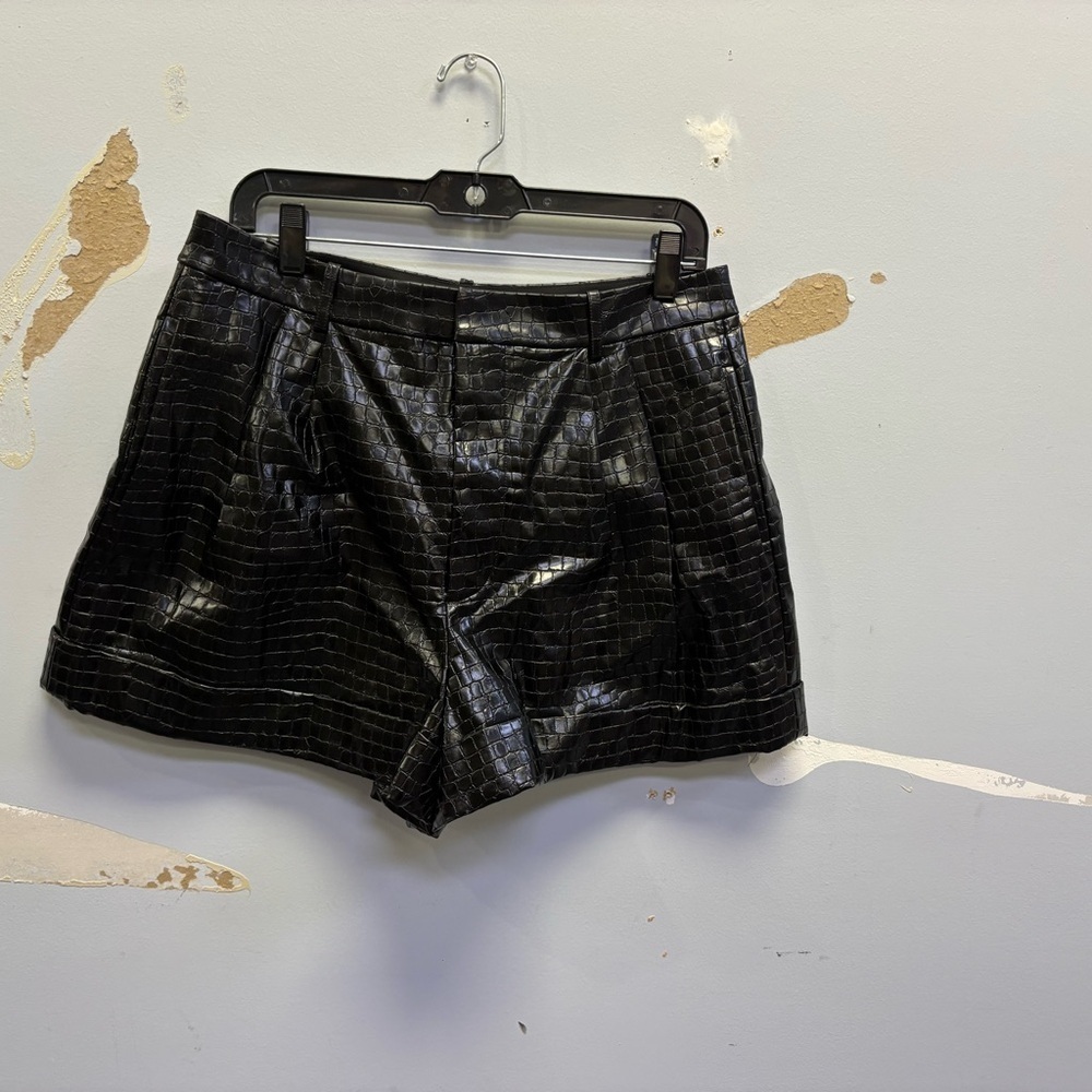 Alice + Olivia Black Croc Embossed Leather Shorts
